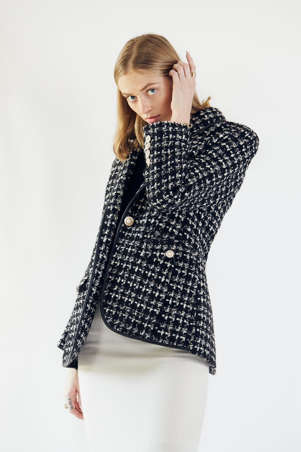 Chaqueta de tweed a cuadros en blanco y negro "Power Woman"