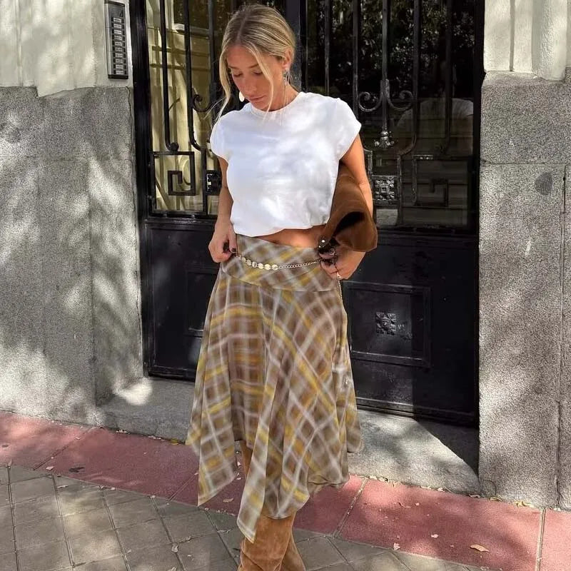YENKYE Mujer Nuevo Diseño Dobladillo Asimétrico Línea A Talle Medio Faldas Midi a Cuadros Finas Faldas Mujer